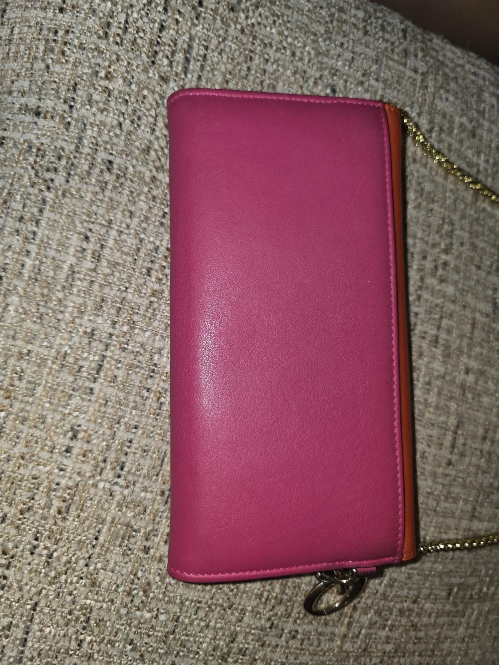 DiorTwo-Tone Pink and Orange Leather Wallet with Gold Chain